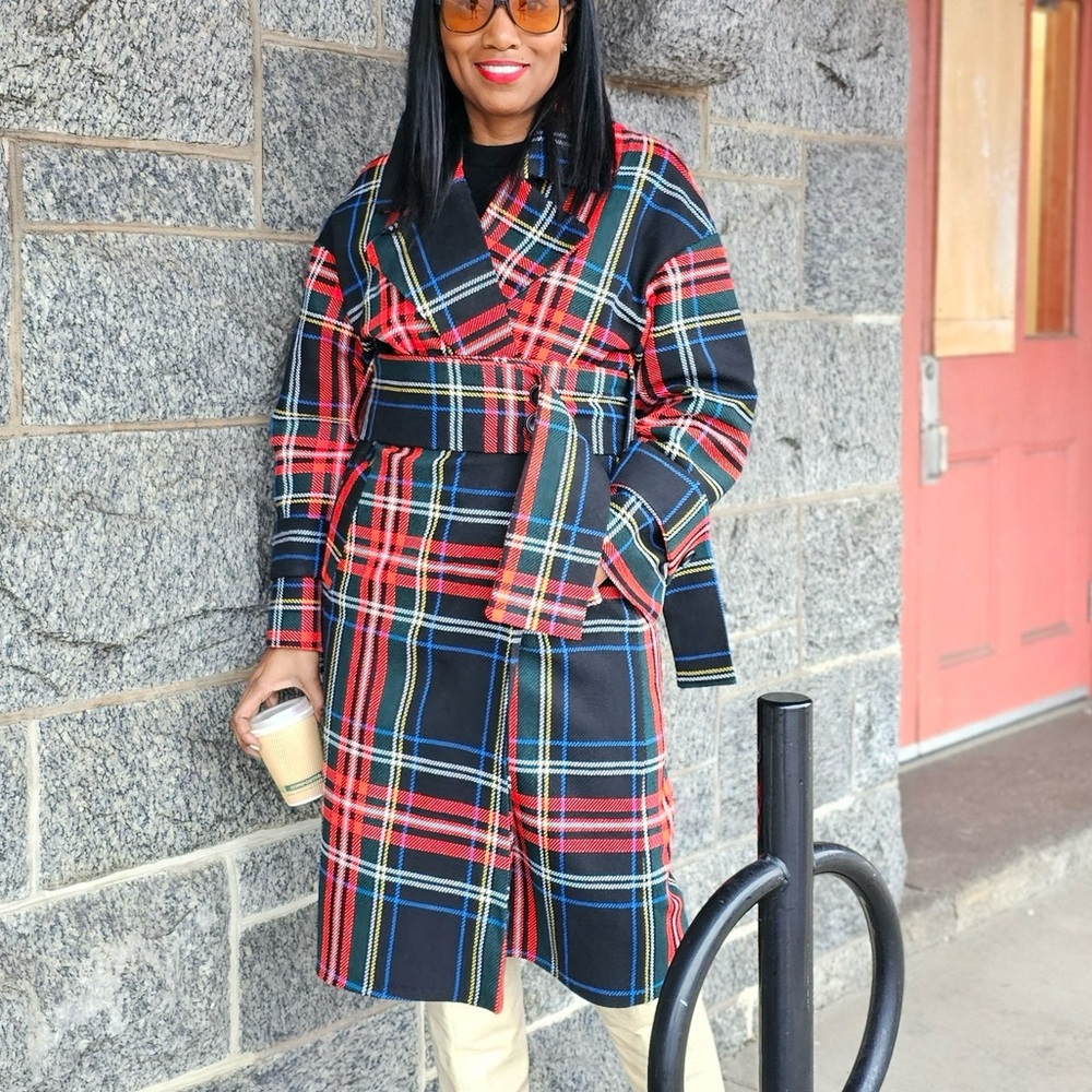 Plaid Wide Button Belt Coat